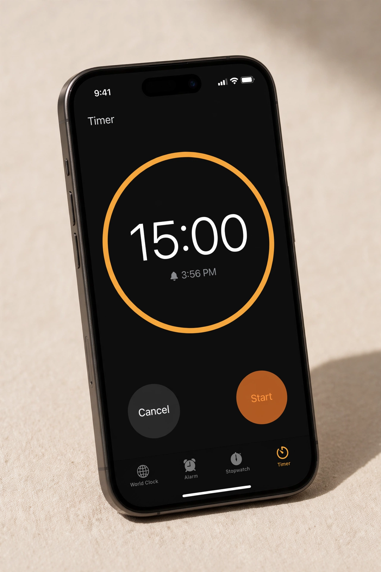 iPhone showing a 15-minute timer in the Apple Clock app
